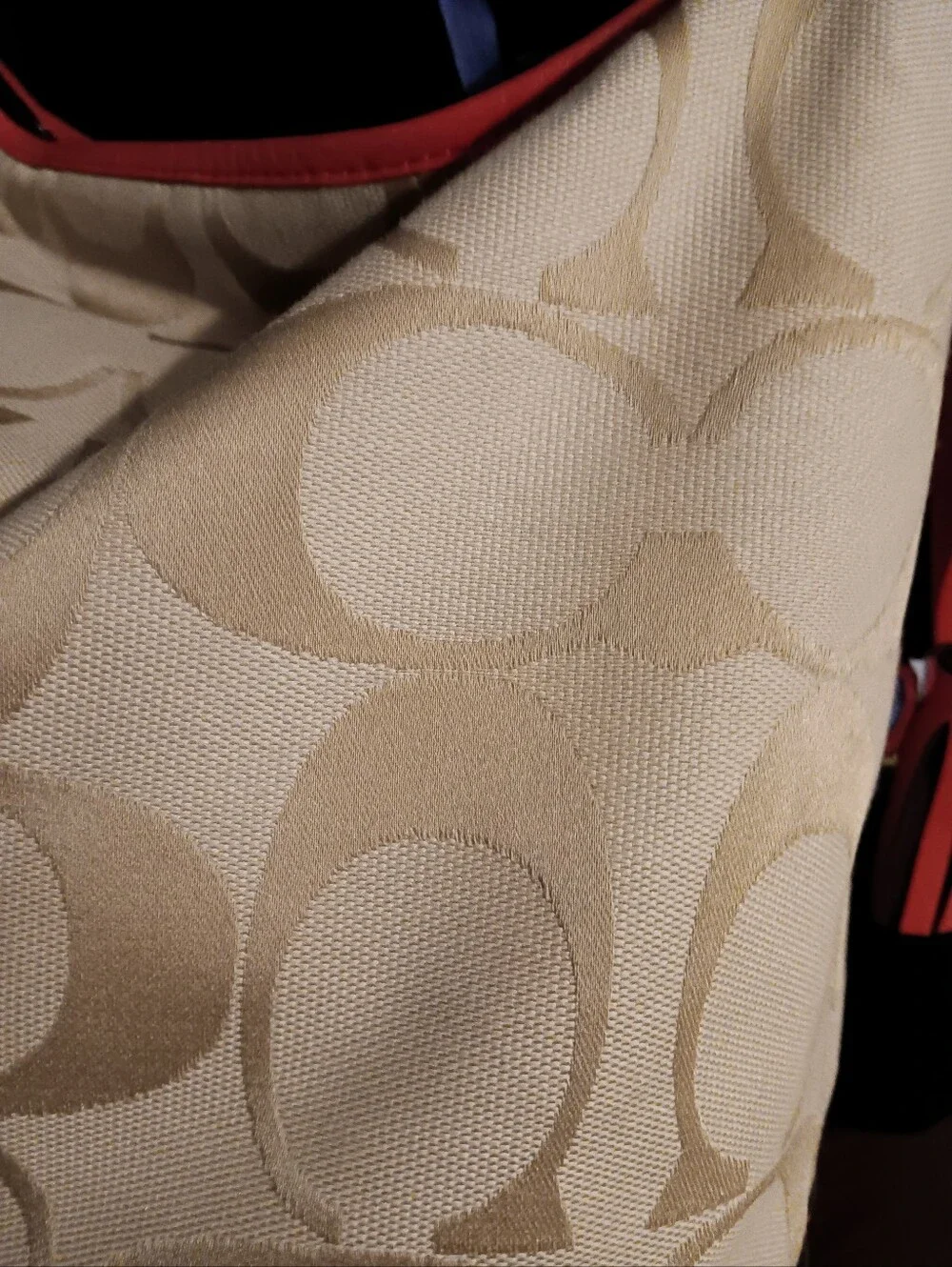 Coach Beige Signature Canvas Shoulder Bag with Red Trim